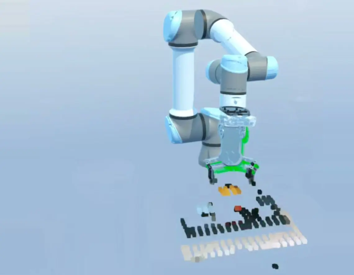 The hologram of a robot arm and its point cloud in a fully virtual space under a sky