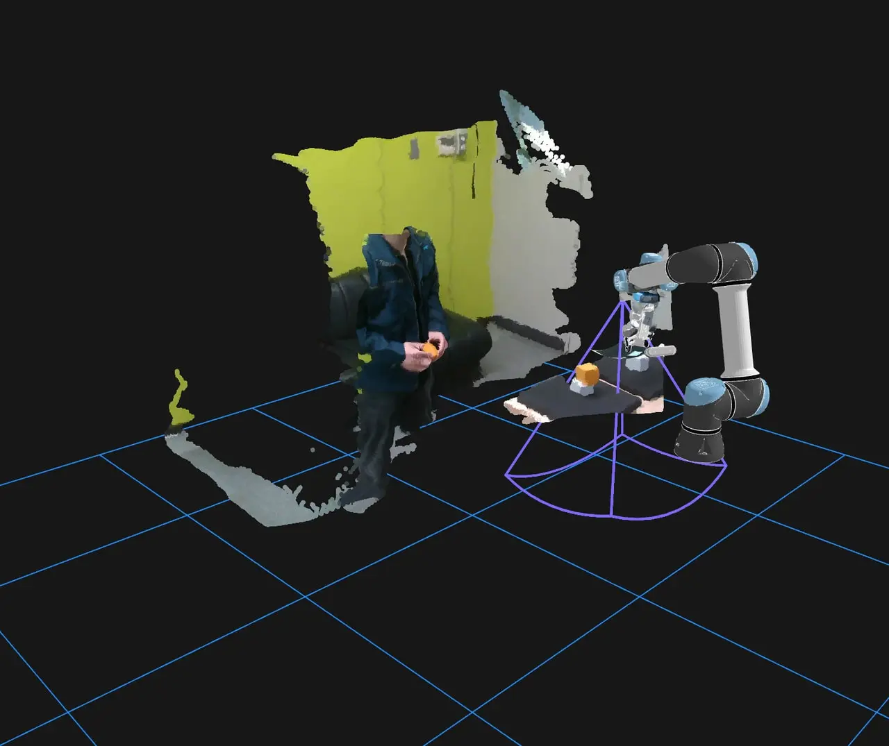 部屋の点群とカメラの視野を表示した、ロボットアームのサンプルの3Dシーン
