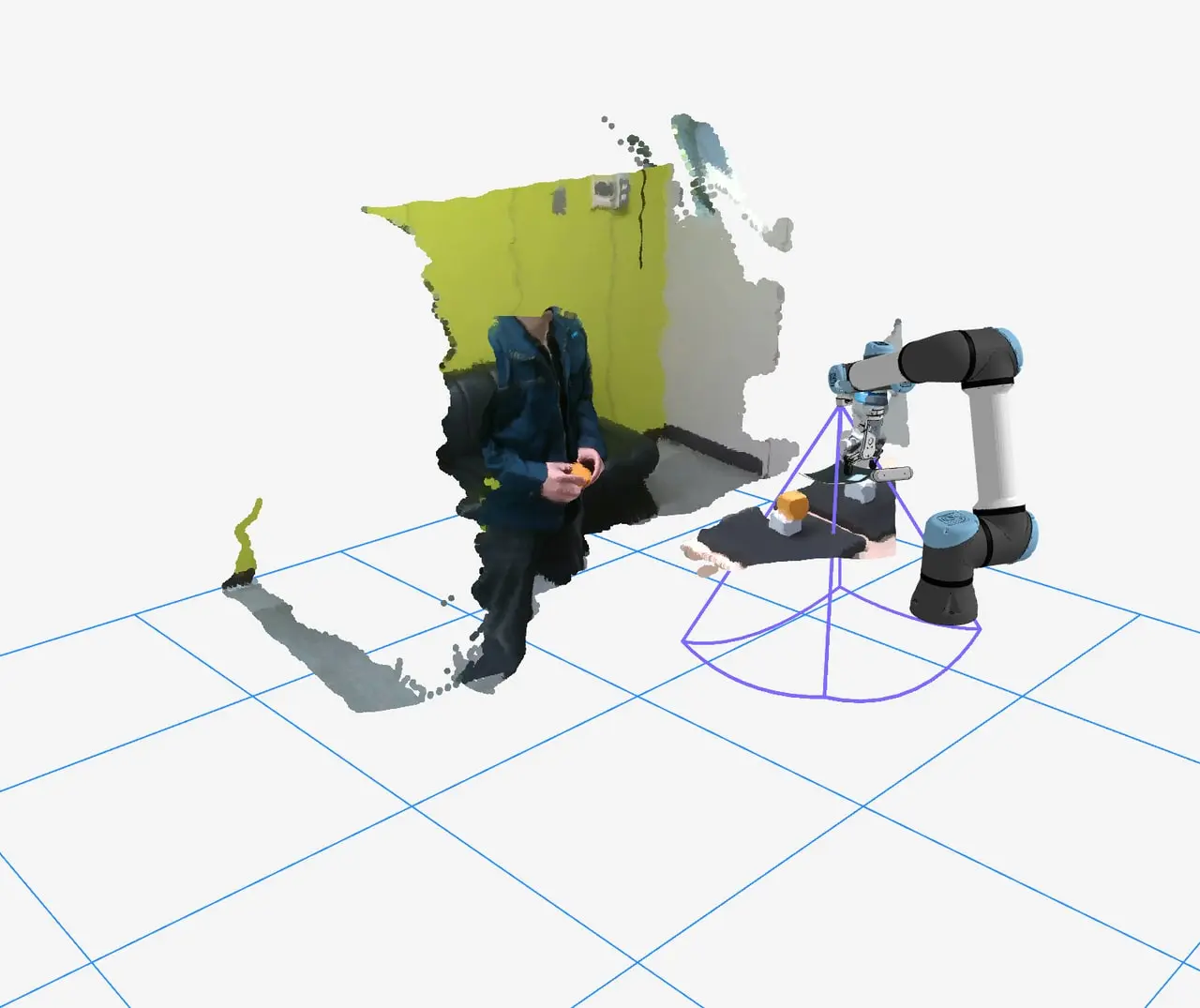 部屋の点群とカメラの視野を表示した、ロボットアームのサンプルの3Dシーン