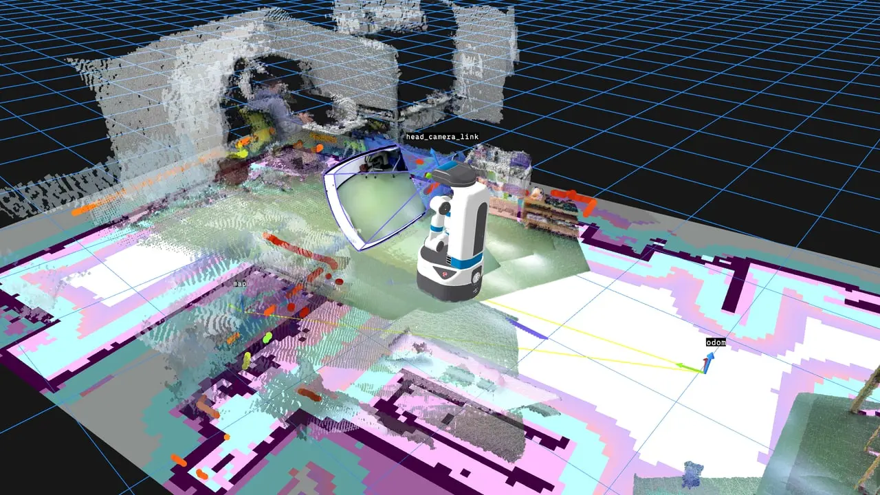 地図、計画経路、レーザースキャンを表示した、移動ロボットのサンプルの3Dシーン