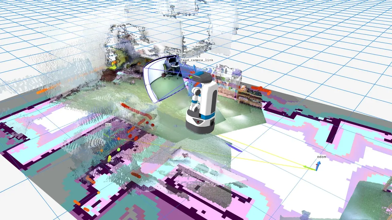 地図、計画経路、レーザースキャンを表示した、移動ロボットのサンプルの3Dシーン